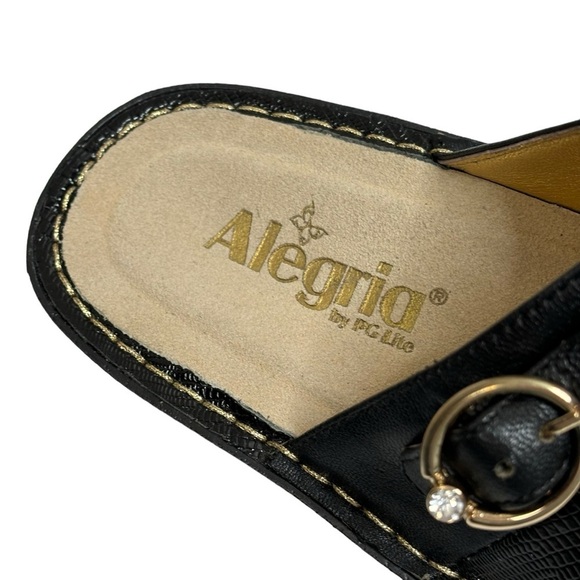 Alegria Black Pebble Leather Reptile Accent Adjust Ankle Strap Gold Buckle Sz 10 - Picture 3 of 14